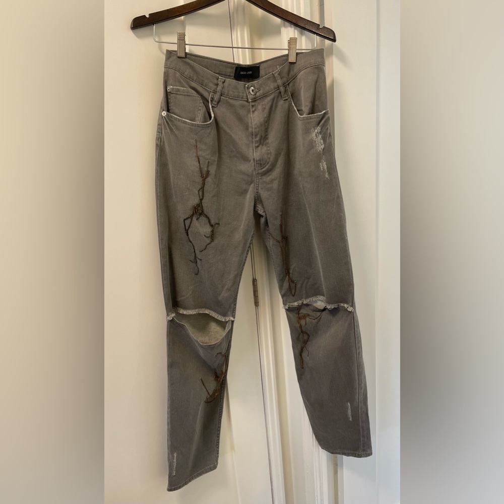 Each x Other Gray Distressed Straight Leg Denim with Gold Metal Embellishment